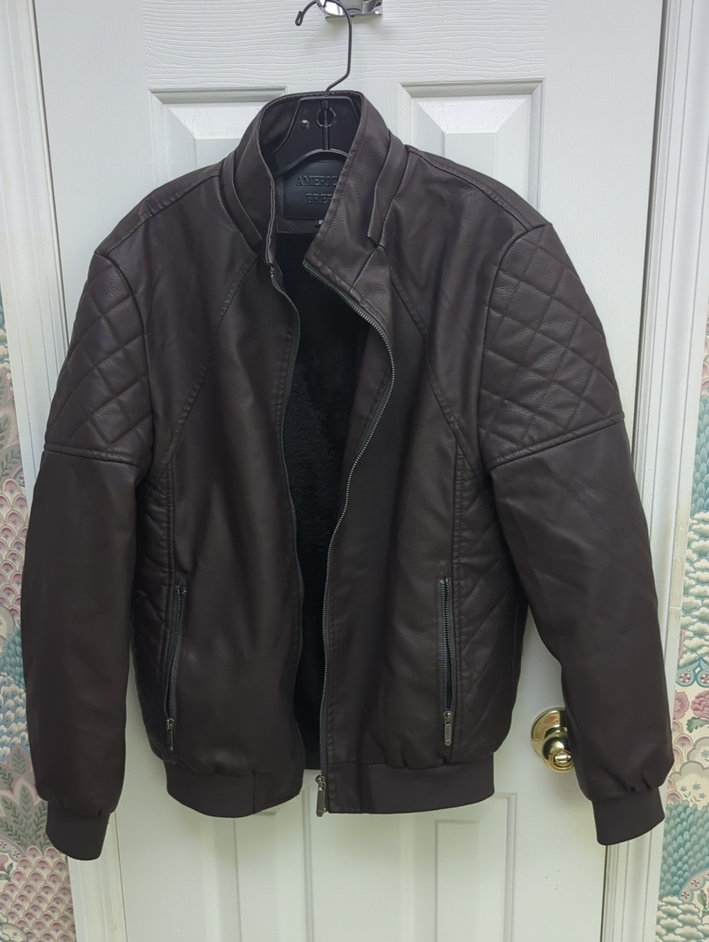 Men's American Breed Brown Quilted Pleather Bomber Jacket